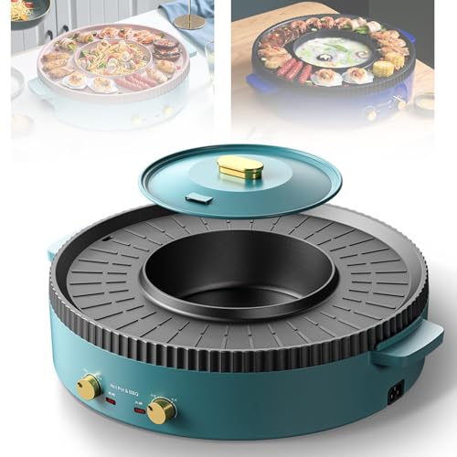 Electric Indoor Grill and Hot Pot Combo, Non-Stick Baking Pan with Dual Temperature Control, Smokeless Searing Grill for 2-6 People