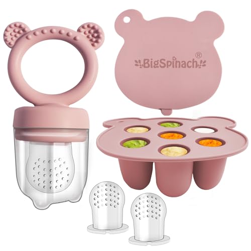 Image of Silicone Freezer Tray and Baby Fruit Feeder Combo - Soothing Teething Relief and Food Storage Container for Babies (6 Months and Up) - Teether Toy (Pink)
