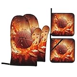 Juego de 4 guantes de horno y soportes para ollas con estampado de baloncesto, resistentes al calor, impermeables, para decoración de cocina para barbacoa, cocinar y hornear