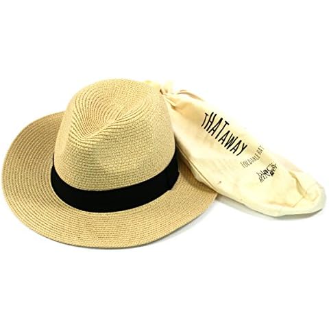 Folding Panama Hat. Straw Trilby/Fedora Style That can be Folded into its Travel Bag. Unisex, Mens and Ladies. Adjustable Size. Beige Cover