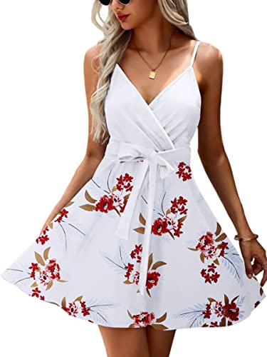 Image of ECOWISH Summer Dresses for Women 2026 V-Neck Spaghetti Strap Bowknot Backless Sleeveless Lace Mini Swing Skater Dress