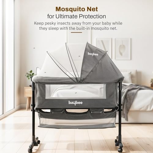 Image of BAYBEE Bedside Crib Cradle for Baby | Bassinet for New Born with 2 Height Adjustable Modes & 360 Wheels | Babies Cot with Mosquito Net & Storage Box | Baby Cribs & Cots for 0 to 2 Years (Grey)
