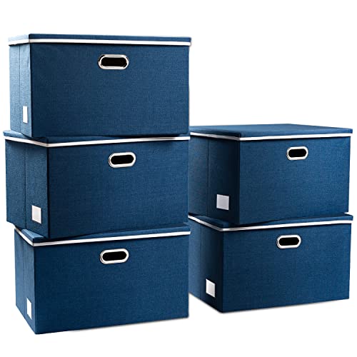 Image of PRANDOM Extra Large Collapsible Storage Bins with Lids [5-Pack] Linen Fabric Foldable Storage Baskets Boxes Organizer Containers Cube with Cover for Bedroom Closet Office Nursery (22.8x15.75x13.8)