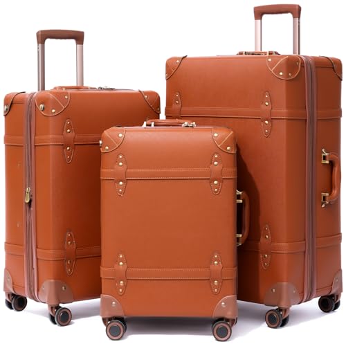 NZBZ Vintage Luggage Sets for Women Retro Suitcase with Wheels TSA Lock Cute Luxury Luggage 3 Pieces (Rust Orange, 20inch & 24inch & 28inch) Rust Oran