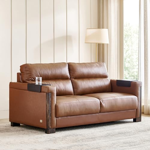 Image of Home Centre | Colmar Half Leather 3-Seater Sofa | Sofa for Living Room | Pine Wood, Solid Wood | Tan | 1 Year Warranty