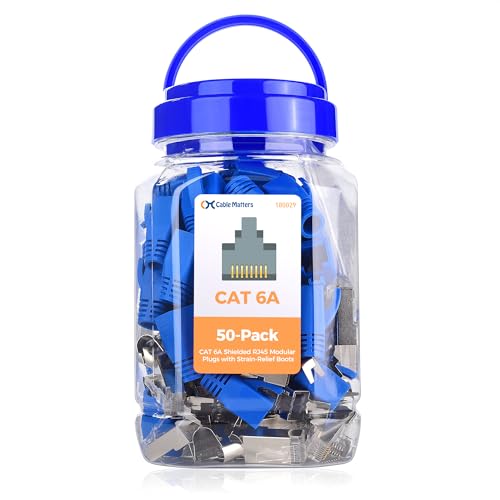 Cable Matters Paquete de 50 conectores modulares RJ45 apantallados Cat6A con fundas de alivio de tensión/Conectores RJ45 apantallados Cat 6A