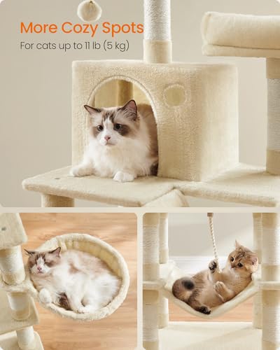 Image of Feandrea Cat Tree, 66.1-Inch Large Cat Tower, Multi-Level Plush Condo with 13 Scratching Posts, 2 Perches, 2 Caves, Basket, Hammock, Pompoms, Beige UPCT165M01