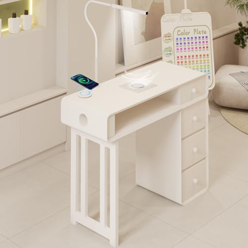 Mesa profesional Nail Tech con colector de polvo de 80 W, luz LED oculta, carga y almacenamiento inalámbricos, estación de trabajo de manicura definitiva para salones y estudios de belleza