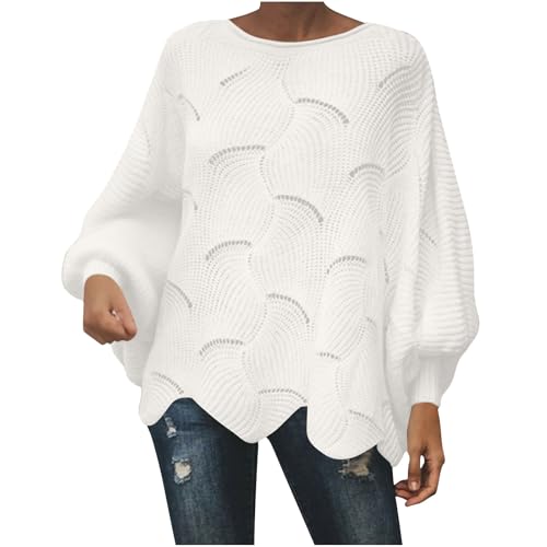 GMQWRK Women Batwing Sleeve Jumpers Boat Neck Asymmetrical Irregular Hem Knit Pullover with Curved Hollow Out Design Baggy Sweater Casual Loose-Fit Long Sleeve Knitted Tops Openwork Pattern White