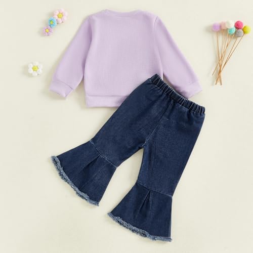FYBITBO Toddler Baby Girl Clothes Fall Winter Baby Girl Outfit Floral Crewneck Sweatshirt Bell Bottom Jeans Pants Set (Purple top jeans, 2-3T)