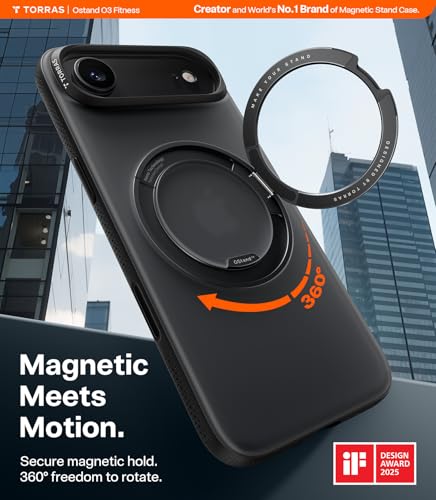 Image of TORRAS 360 Magnetic Stand for iPhone Air Case, [Fit for MagSafe] [Military-Grade Protection] Translucent Slim Case for iPhone 17 Air, 2025, Obsidian Black, Ostand O3 Fitness Series