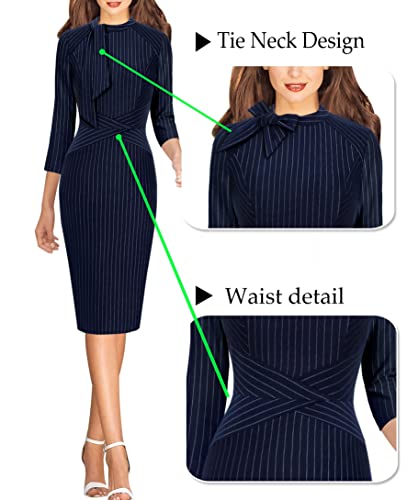 Vfshow Womens Navy Blue And White Striped Bow Tie Neck Slim Cocktail Party Work Business Office Bodycon Pencil Sheath Dress 8118 Blu S #TOP5