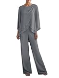 Women's Chiffon 2 Pcs Mother of The Bride Pant Suits Asymmetrical Hem Tops Pants Plus Size Wedding Party Prom Outfit