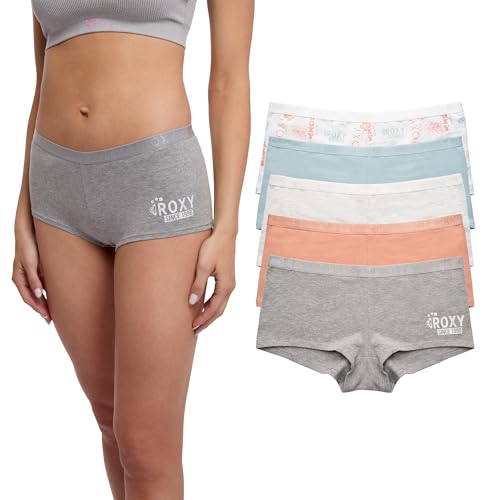 Roxy Women's Cotton Boyshort Underwear Set, 5-Pack (US, Alpha, Medium, Regular, Regular, 5, Md Heather Grey/Ambered Coral/Lt Bleach Heather/Forget-Me-Not/Rx Vintage Logo)