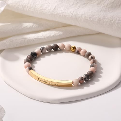 MeMeDIY Personalized Bracelets for Women Natural Stone Stretch Bracelet Stainless Steel Bar Engraved Name Inspirational Message 7.5" Beaded Stretch Bracelet3