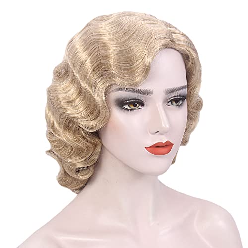 R REEWES FASHION HAIR Long 1920s Finger Wave Curly Short Wig Vintage Synthetic Heat Resistant Full Wigs for Women Cosplay Costume Fancy Dress with Wig Cap (Blonde)