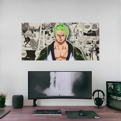 Image of Aniculture One Piece Roronoa Zoro Split Poster Set of 3, A4 Size Each - Panoramic Anime Wall Art Collage - 300 GSM Ultra HD Print Quality - Self-Adhesive - 24 x12 Inches Large Decor