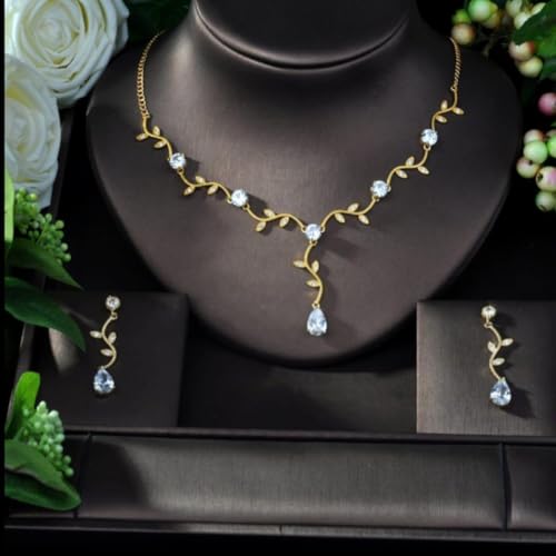 Conjunto Feminino Colar e Brincos Cravejado com Zircônias - Flora + Bolsa de Veludo