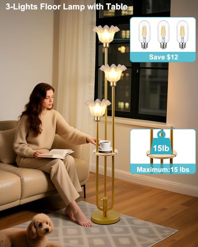 Image of Lightdot Flower Floor Lamp for Living Room Dimmable Vintage Floor Lamp with Shelf& Bulbs Included Mid Century Gold Floral Standing Tall Lamp with 5Lbs Heavy Base for Bedroom /Sofa Beside /Corner Decor