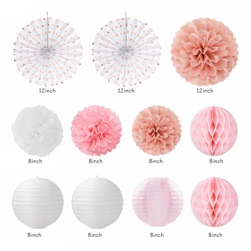 Image of Pink White Rose-Gold Birthday Party-Decorations - 21pcs Happy Banner, Paper Lanterns,Tissue Pom Poms Flower Fan,Honeycomb Ball,Swirl Streamers Garland Supplies Decor Girls Women Huglony