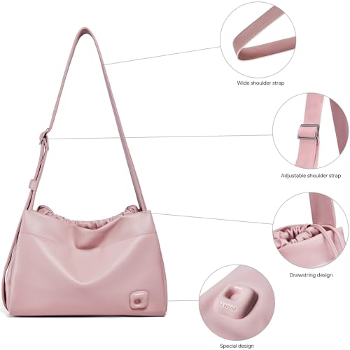 LAFESTIN PU Leather Shoulder Bag For Women, Stylish Women's Shoulder Handbags with Adjustable Strap, Drawstring Closure, Inner Zipper Pocket, Peach4