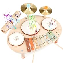 【9 IN 1 Kids Musical Instruments】Vanplay kids toys drum set is a fully functional baby drum kit, with 3 drums, 2 cymbals, a tone block, 1 xylophone and 2 drum sticks. Snap-in design for easy installation without the use of external tools. Our 3 drums...