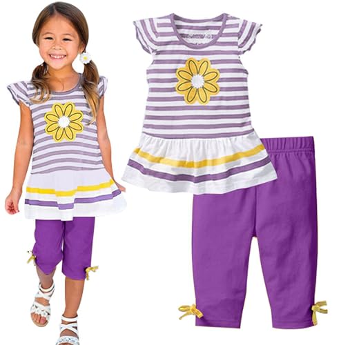 Image of LUKYCILD Baby Girls Summer Clothes Casual Clothing Suit Short Sleeve Striped T-Shirt +Pants