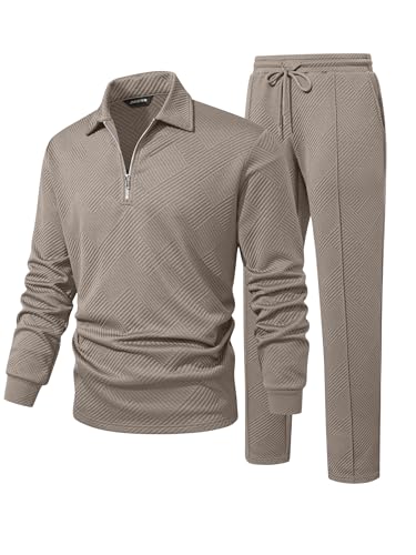 JMIERR Knit Jacquard Track Suits for Men Set 2 Piece Outfits Long Sleeve 1/4 Zip Sweatshirts & Running Joggers Sweatpants, Fall Tracksuit Sweatsuits Matching Lounge Sets, Beige, S