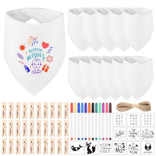 NACHLYNN 67 Pcs White Baby Bibs Baby Shower Games Set Including 12 Blank Baby Bibs 12 Stencils 30 Clothespins 12 Fabric Markers 1 Hemp Rope for Boys Girls Gender Reveal Party