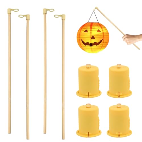 Laternenstab Holz 4 Stück Laternenstäbe Kinder LED 26.5 cm Laternen Stab mit 4 Laterne Licht Warmes Gelb Laternenlicht Laterne Stab für Halloween, St Martin, Kinderpartys