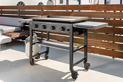 Megamaster 4-Burner Propane Gas Griddle Grill, 732 Sq. In. Flat Top, 48000Btus, Perfect For Camping, Outdoor Cooking, Patio, Cart With Caster, Side Shelves With Hooks, Black And Grey #TOP2