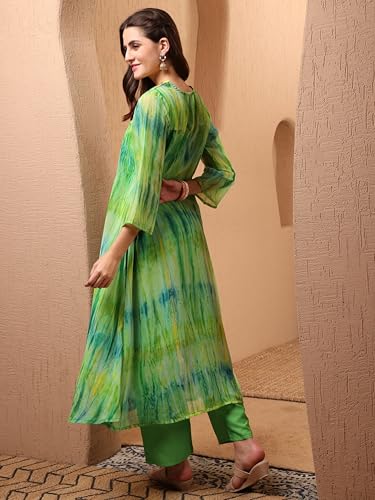 Image of EthnicJunction Women Georgette Relaxed Fit Tie & Dye & Embroidered A-Line Flared Kurta,Summer Kurta,Kurta For Office,Long Kurti