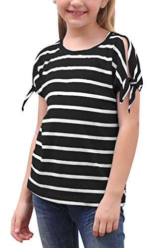 Image of GORLYA Girls Slit Sleeve Tie Knot Cuff Knit Tunic Top 4-14Y | Seamless knit, cold shoulder slit sleeves with tie-knot cuffs, solid & stripe options, ideal for school and casual outings.