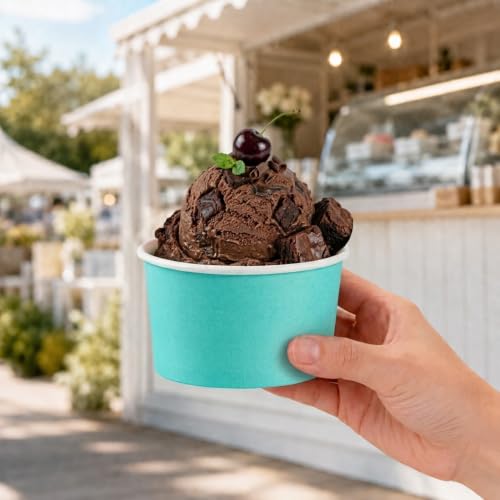 Image of Restaurantware Coppetta 5 Ounce Dessert Cups, 50 Disposable Ice Cream Cups - Lids Sold Separately, Sturdy, Turquoise Paper FroYo Bowls, Striped, For Hot And Cold Foods, Perfect For Gelato