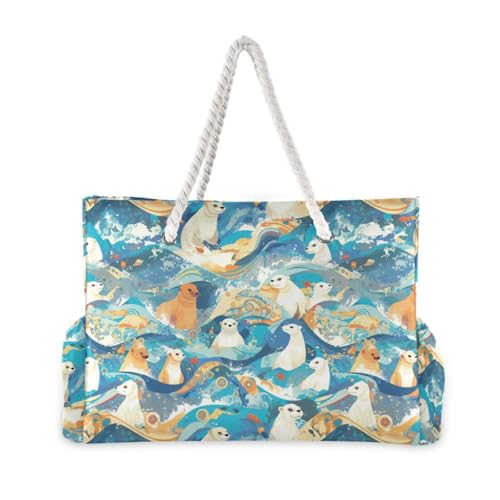 White Seal Japanese Style Waves Portable Pocket Tote Bag with side pocketes Outdoor Tote Bag with cup holders on the side2