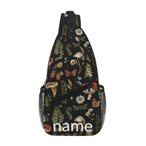 SUPLUCHOM Custom Sling Bag With Name Vintage Mushroom Leaf Personalized Hiking Daypack Customized Crossbody Shoulder Backpack Travel Chest Pack for Men Women