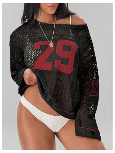 Milumia Women's Number Print Crochet Cover Ups Tops Loose Long Sleeve Knit Sweater4
