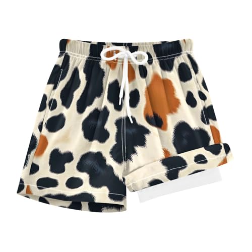 YANENDIE Boy Swim Trunks with Compression Liner Brown Cow Print Boys Swim Shorts Quick Dry Beach Shorts