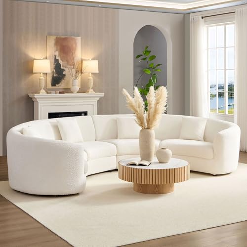 Image of KEIKI 141 inch Luxury Curved Boucle Modular Sectional Sofa, Modern Style Oversized 4-Seater Polyester Tight Back Couch with 4 Pillows and Round Arms, Easy Assembly, for Apartment, Living Room, White