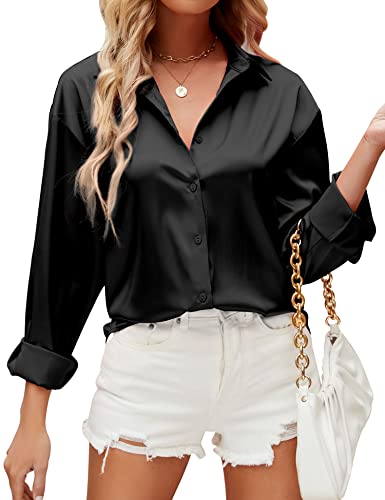 HANERDUN Chemisier pour Femmes Manches Longues Chemise à col en V La Soie Élégante Casual Tops Chemisier uni de Travail à Boutons sur Le Devant Top de...