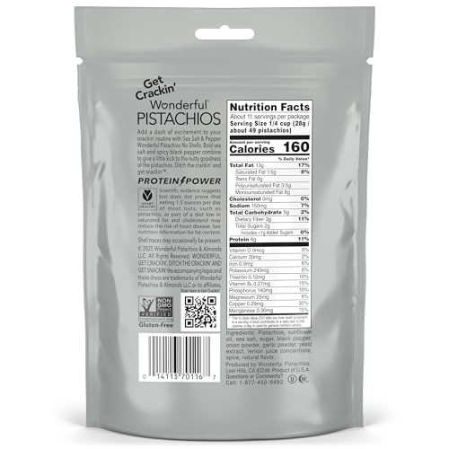 Wonderful Pistachios No Shells, Sea Salt & Pepper Flavored Nuts, 11 Ounce Resealable Bag, Protein Snacks, Gluten Free, Healthy Snack