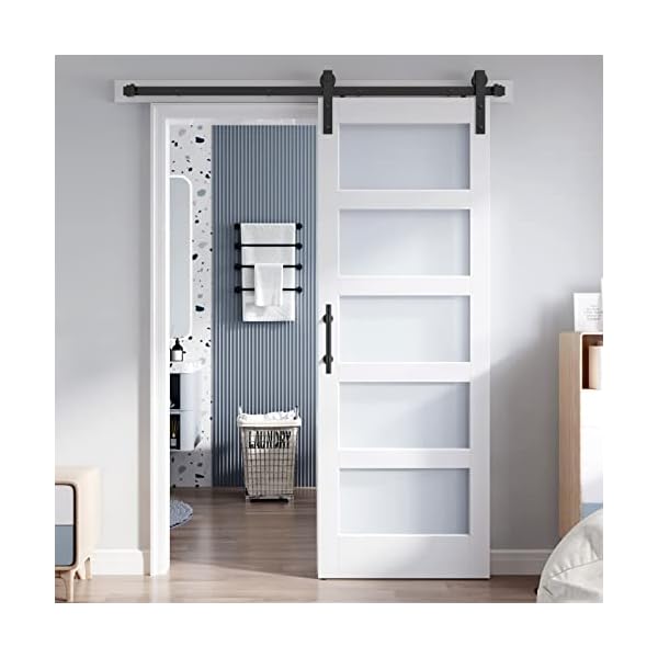 ROYMELO 32 x 84 Inch Glass Sliding Barn Door Slab and 5.5ft Hardware Kit Included, 5 Frosted Glass, LVL Wood Panel Covered with White Water-Proof Scratch-Resistant PVC Surface, Simple DIY Assembly