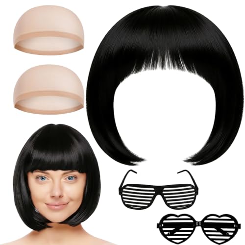Perruque Partyrama, bob court avec frange Unique, Perruque Coupe au Carré Classique avec Lunettes et bonnets de perruque pour le carnaval & motto-party, Noir