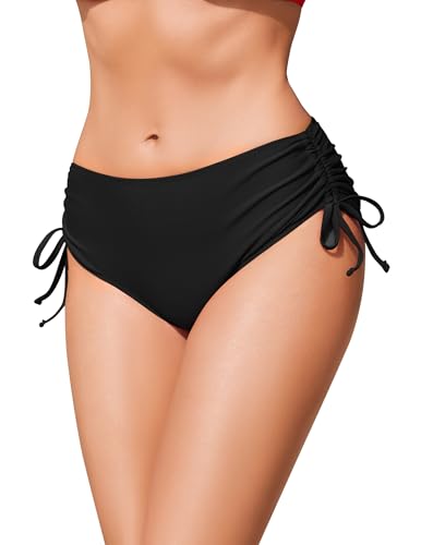 Ekouaer Bikinihose Damen Mittlerem Bund Klassisch Bikinihosen mit Bindebändern Unifarben Bauchweg, Schwarz, L