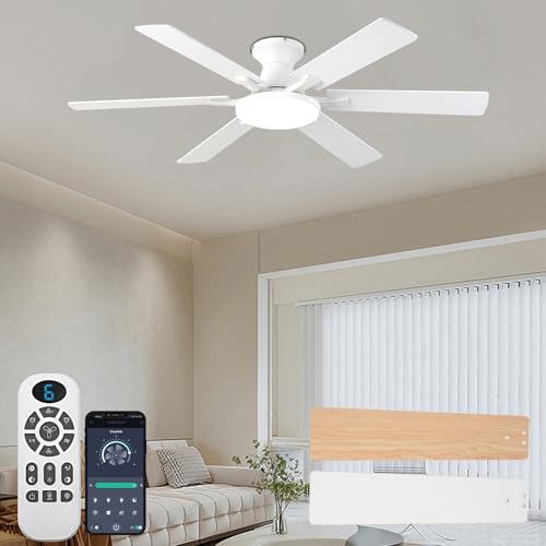 iacaf Ceiling Fans with Lights,54 Inch Low Profile Ceiling Fan with Light and Remote Control,6 Speeds/6 Blade,Flush Mount,LED Dimmable DC Reversible Modern, White Ceiling Fan for Bedroom/Living Room