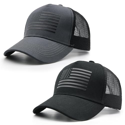 Image of 2 Packs American Flag Trucker Hat, Adjustable Mesh Snapback Baseball Caps for Men Women