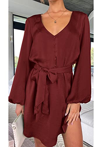 Prettygarden Women's Spring Long Puff Sleeve Satin Dress V Neck Cocktail Party Belted Short Formal Dresses (Brown Red,X-Large) #TOP7