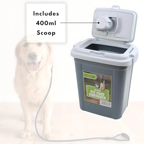 DIVCHI Aufbewahrungsbehälter für Tierfutter, Klappverschluss, mit integrierter Schaufel, Kunststoff, luftdicht, für Haustiere, Hunde, Katzen, Tiere, Trockenfutter, 15 kg, Spenderbehälter (Grau, 20 l)