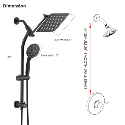 Regadera de lluvia de 8 pulgadas con pulverizador manual de alta presión, barra deslizante sin perforación y brazo extensible ajustable, divisor de 3 vías para fácil alcance, manguera de 5 pies - Negro mate miniatura 7