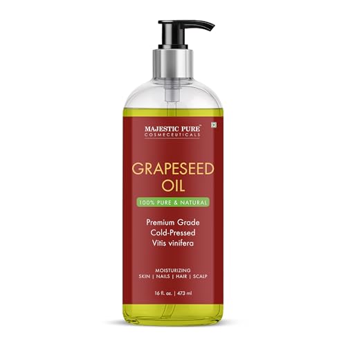 Majestic Pure Grapeseed Oil - 100% Pure & Natural - Premium Grade, Cold-Pressed, Hexane-Free Carrier Oil for Skin, Hair and Body - Moisturizing Skin, Hair and Scalp - 16 Fl Oz